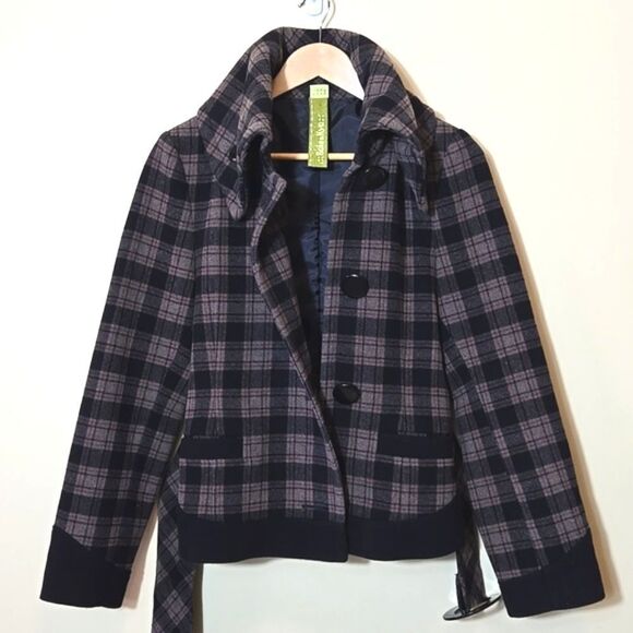 Soia & Kyo Wool Blend black Tan Plaid Belted Jacket Rachel Friends - Picture 12 of 16